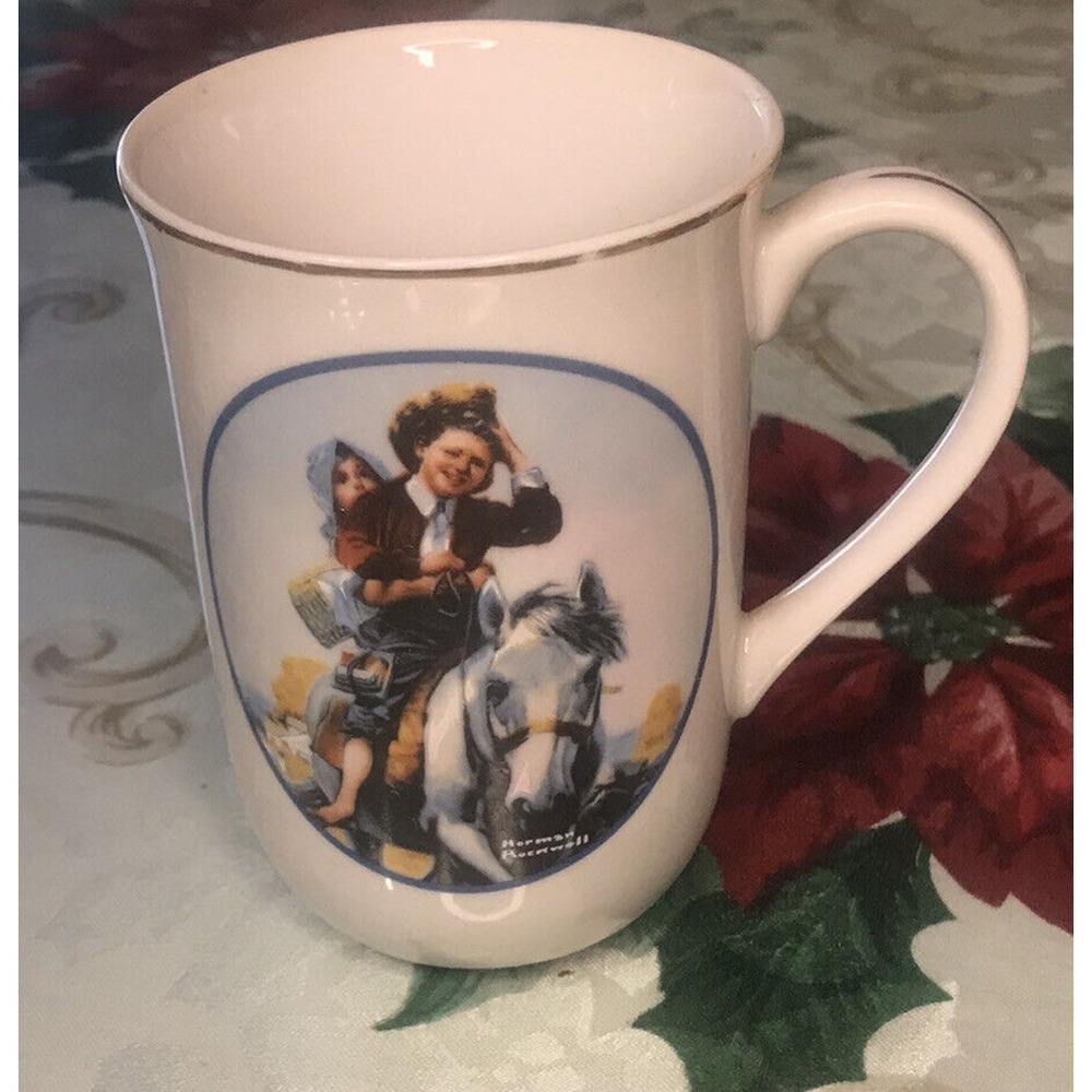 Norman Rockwell Mug White 4" JAPAN PORCELAIN Horse with Children Cup